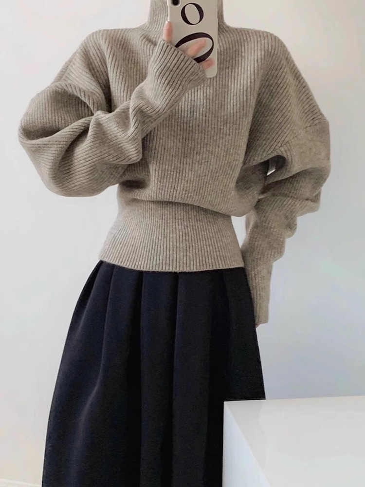 Women's Loose Casual Long Sleeve Knitted Sweater Soft Cashmere Wool Slimming Waist Comfortable Top